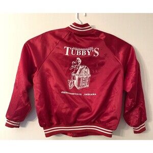 Vintage Satin Bomber Red Jacket XXL 80s Worlds Famous Pizza TUBBY’S Indiana